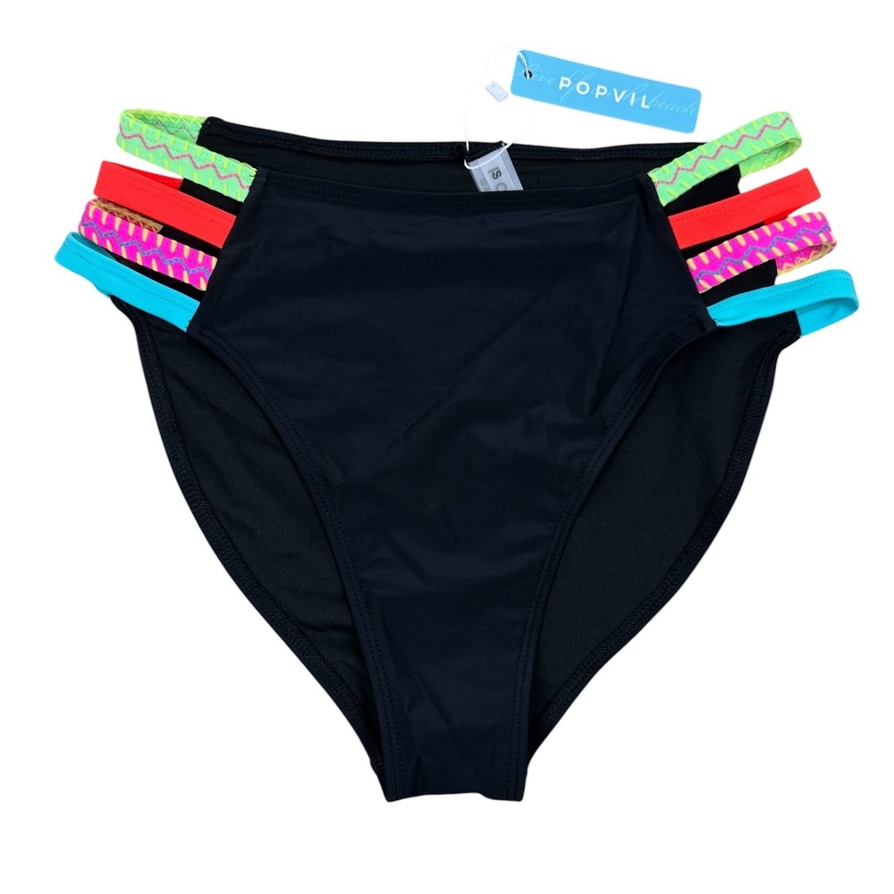 NWT Popvil Black Neon Strappy Bikini Bottom Size Small Beach Pool Resort